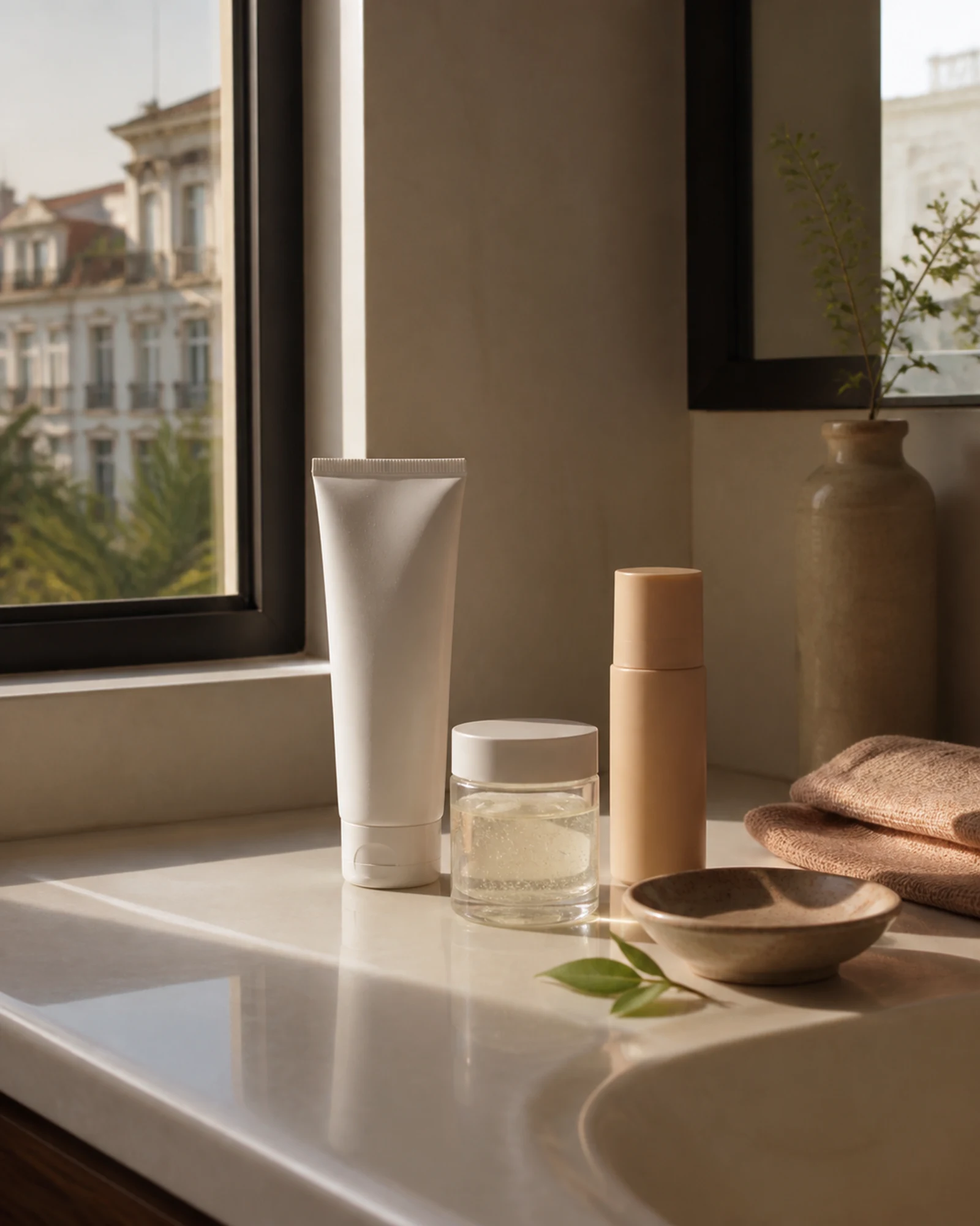 Cleanser, soothing gel and sunscreen on a porcelain counter