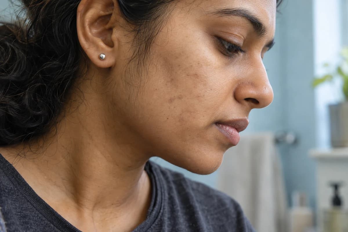 Illustrative side profile of a woman with subtle marks on her cheek and jaw