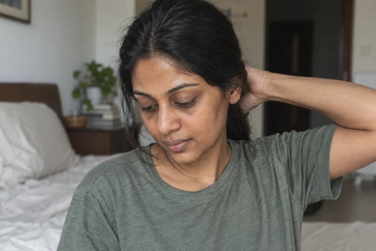 Illustrative morning portrait of a woman with natural, uneven skin tone