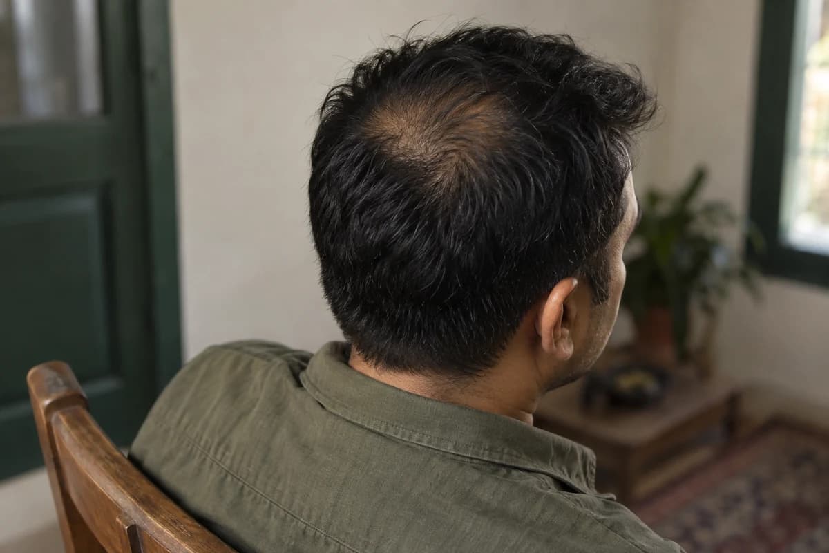 Illustrative rear view of a man with thinning hair around the crown
