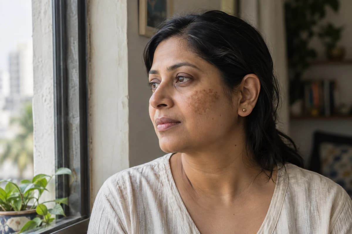 Illustrative portrait of a woman by a window with a patch of cheek pigmentation
