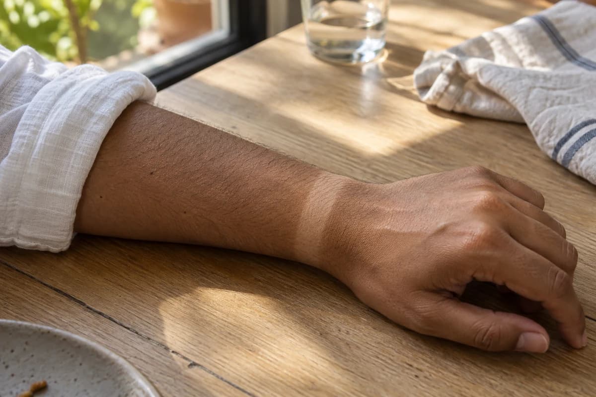 Illustrative view of a forearm with a paler watch band at the wrist