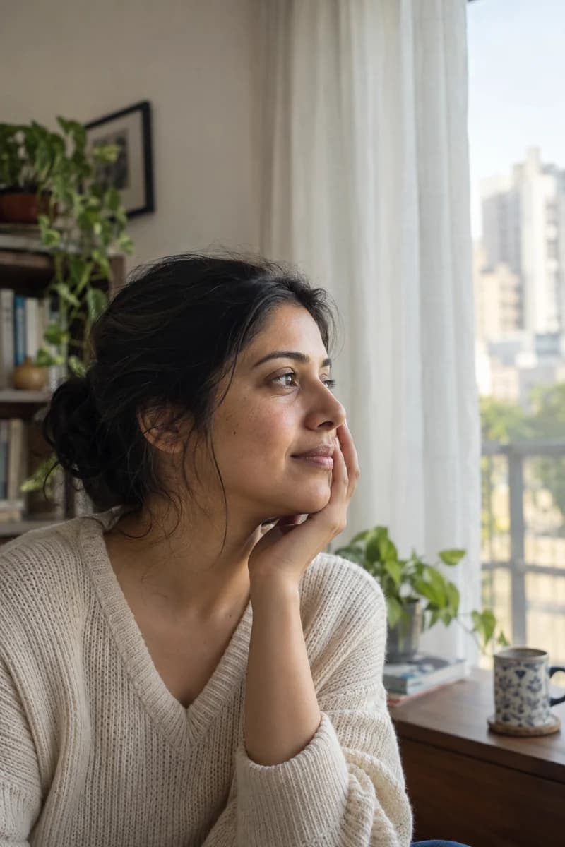 A woman at home beside a sunlit window